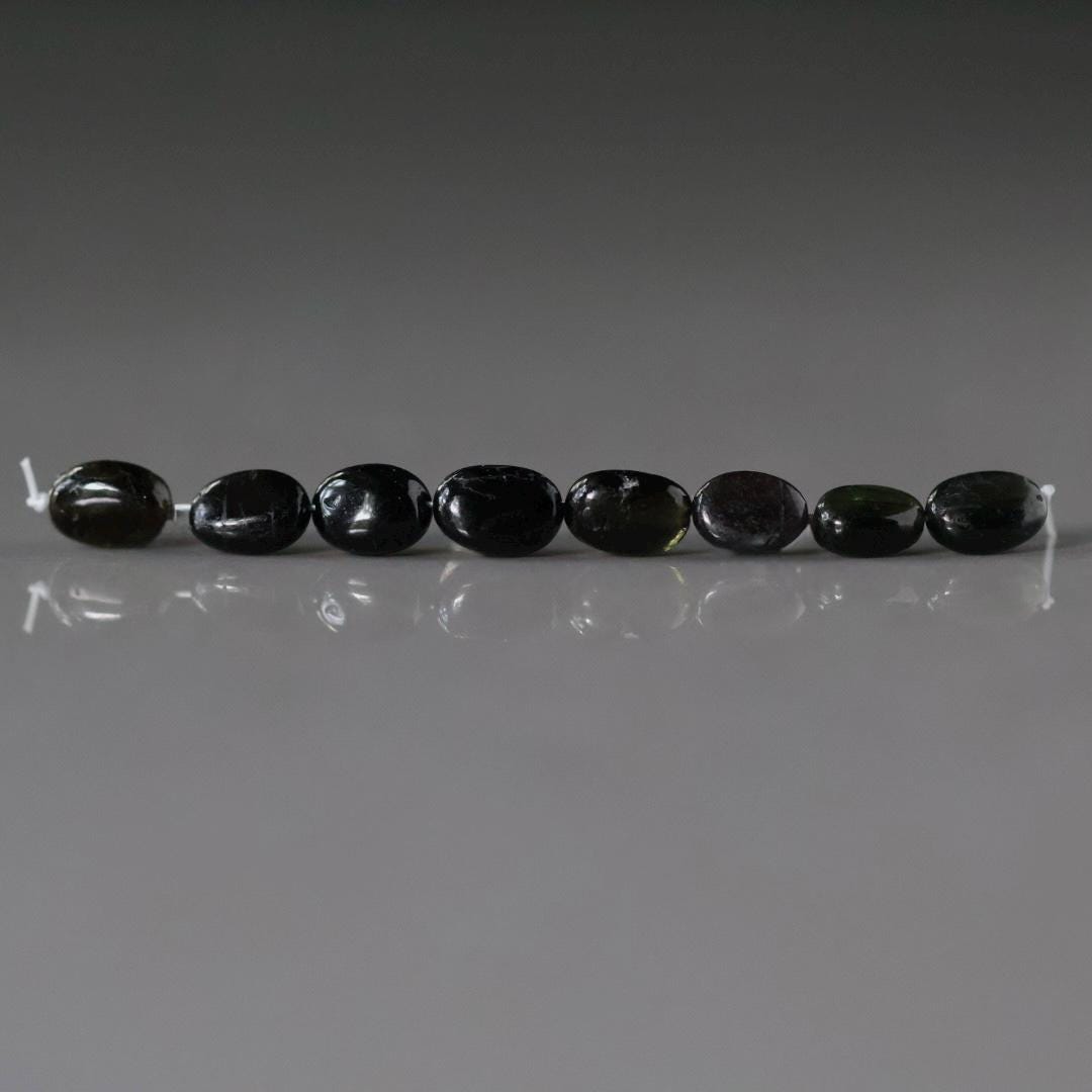 Black, Dark Green Tourmaline Beads - Smooth Oval Natural Gemstone 8 Pcs