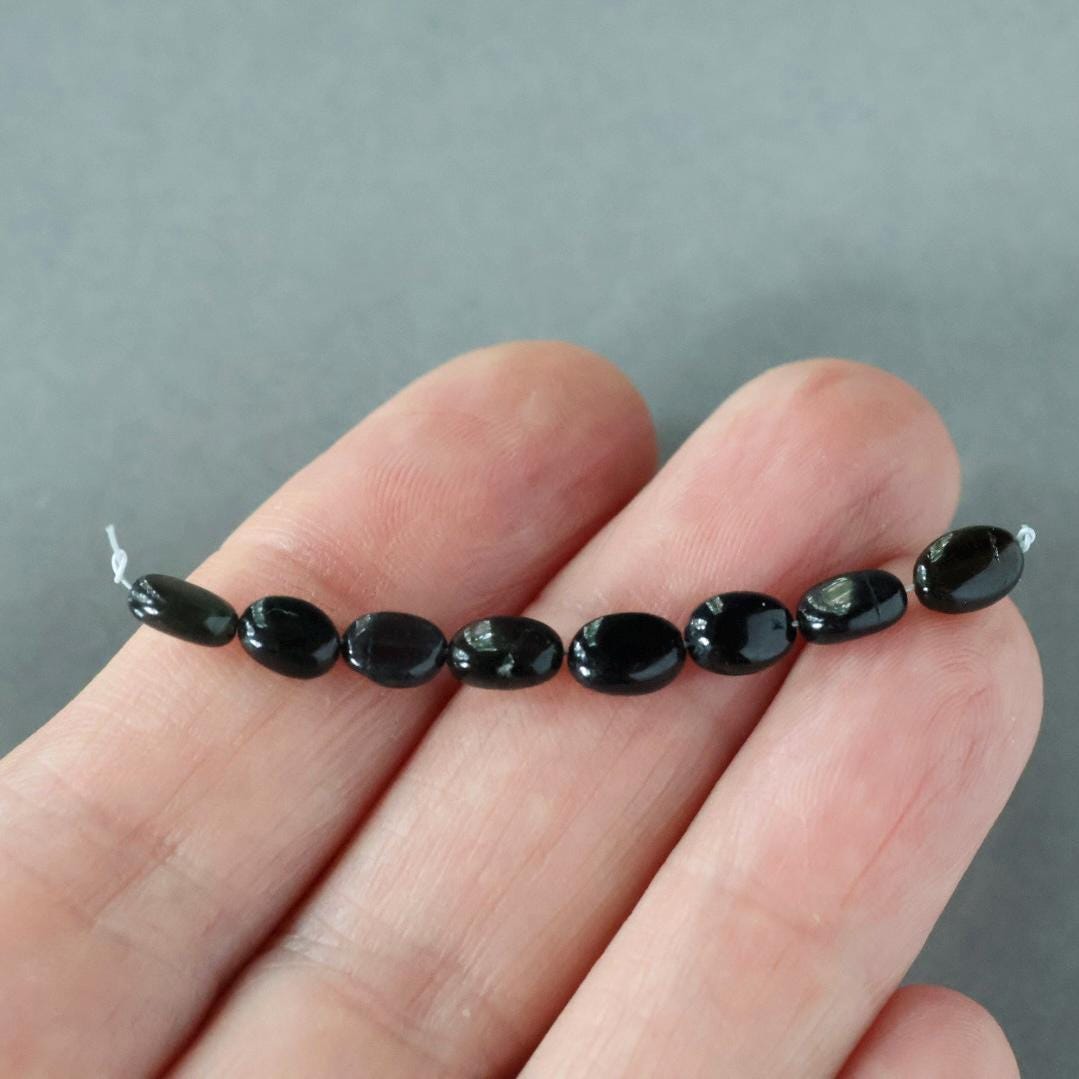 Black, Dark Green Tourmaline Beads - Smooth Oval Natural Gemstone 8 Pcs