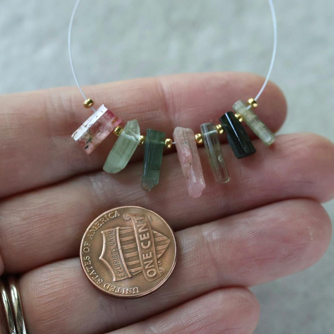 Multi Color Tourmaline Slice Beads Raw Briolette Sticks 9-13mm 7 PCs Genuine Watermelon Tourmaline Gemstone for DIY Jewelry Making