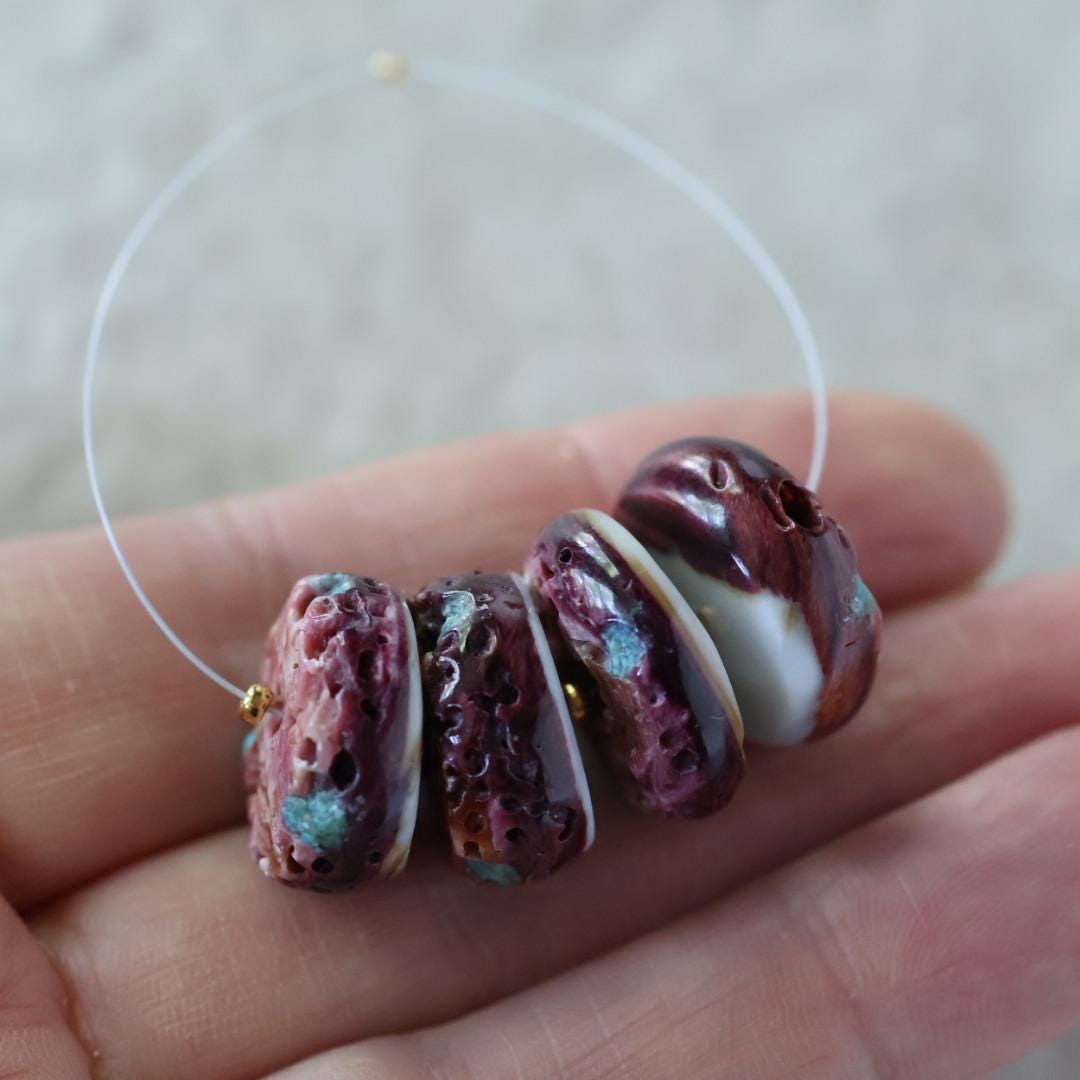 Large 17mm Purple Spiny Oyster Bead with Turquoise Inlay Heishi Beads Natural Shell for DIY Jewelry Making Supplies
