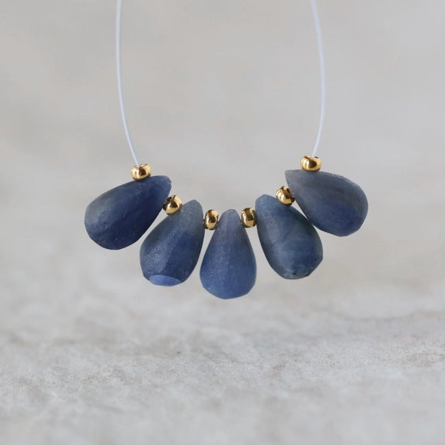 Natural Blue Sapphire Matte Briolette Beads Teardrops Drops 5x9mm 5 PCs Raw Sapphire Gemstone for DIY Jewelry Making