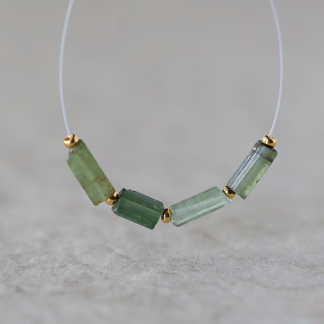 Natural Raw Green Tourmaline Tube Beads Sticks 4 PCs Genuine Gemstone Beads for DIY Jewelry Making
