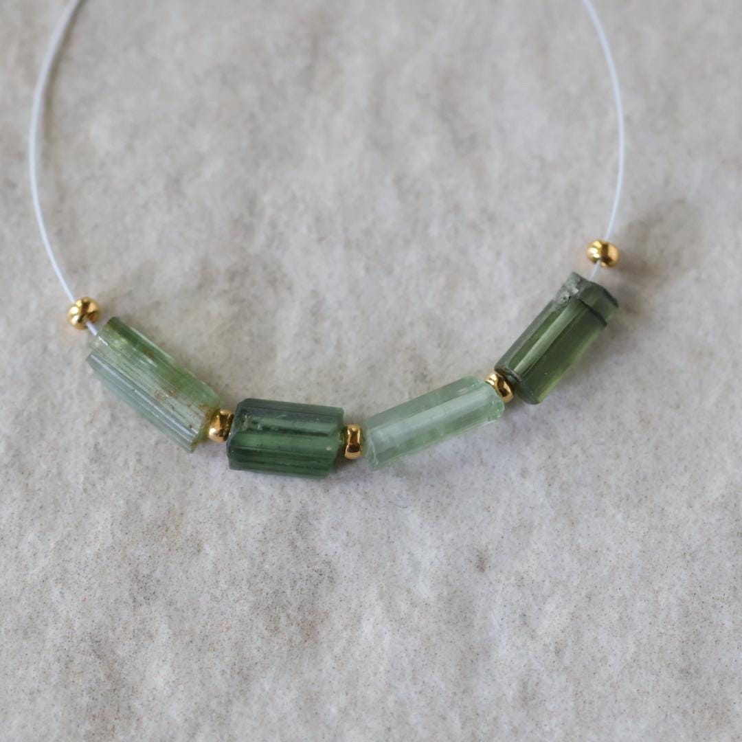 Natural Raw Green Tourmaline Tube Beads Sticks 4 PCs Genuine Gemstone Beads for DIY Jewelry Making