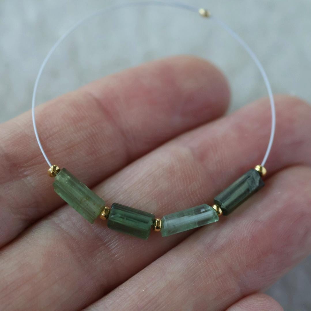 Natural Raw Green Tourmaline Tube Beads Sticks 4 PCs Genuine Gemstone Beads for DIY Jewelry Making