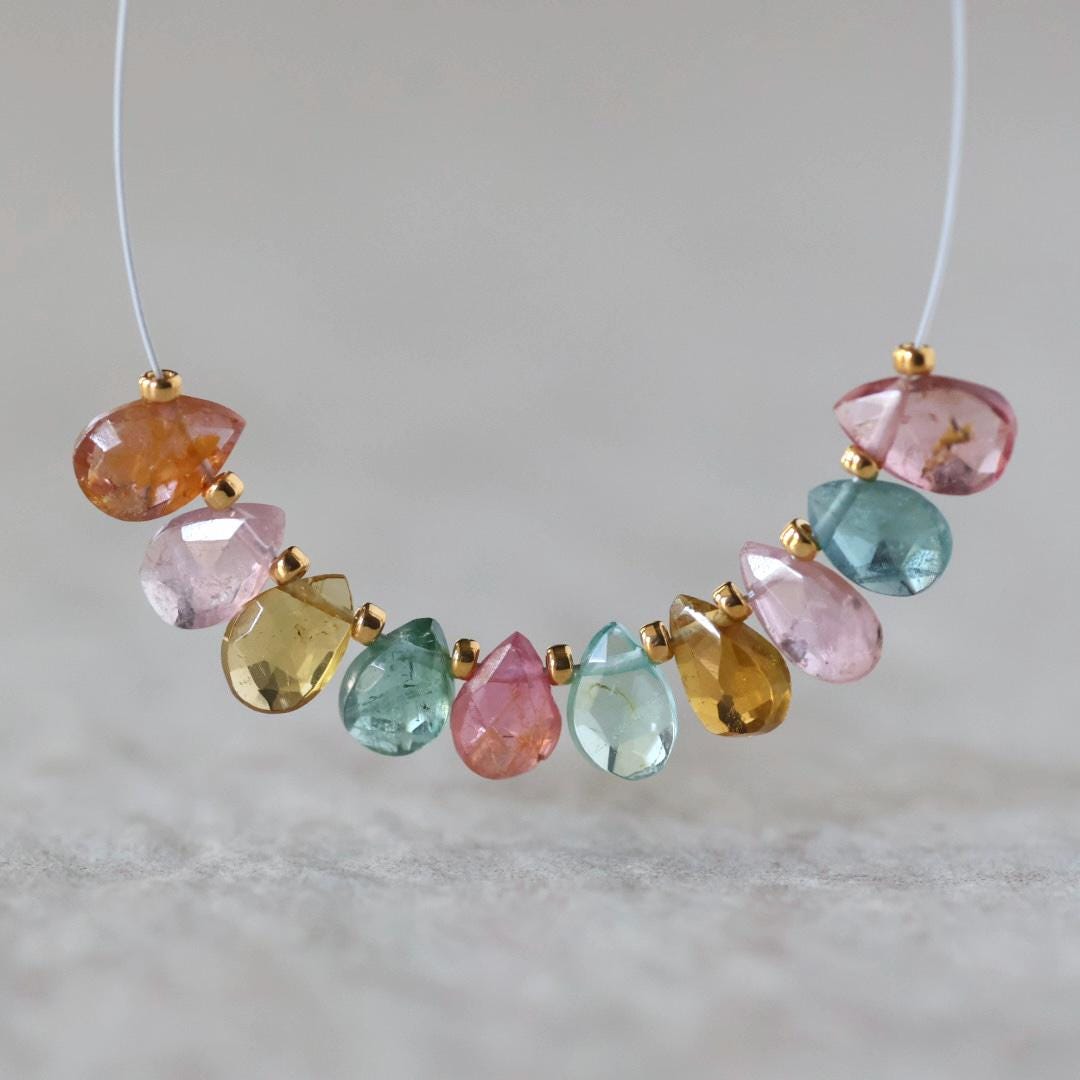 6mm Multi Color Tourmaline Briolette Beads Faceted Teardrops Drops 10 PCs Natural Gemstone for DIY Jewelry Making