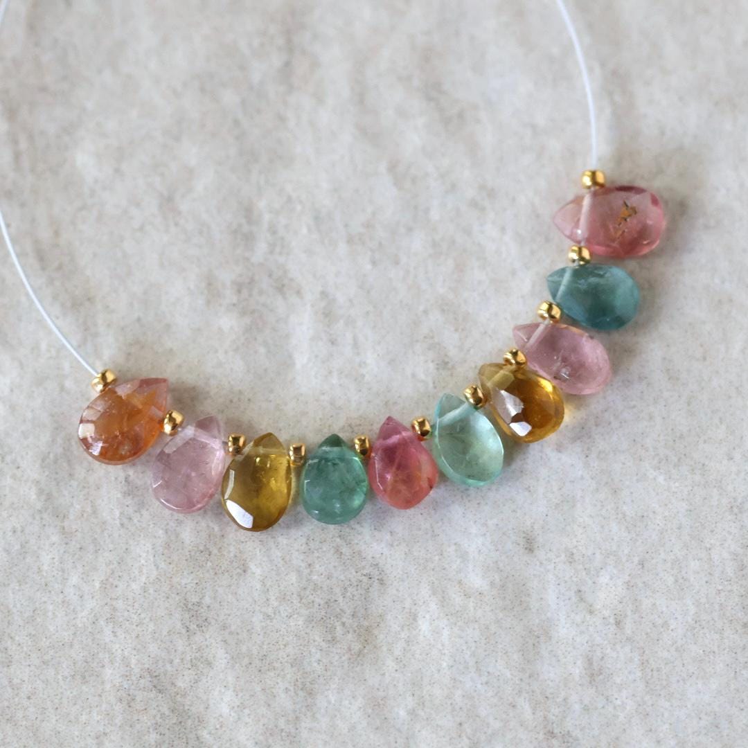 6mm Multi Color Tourmaline Briolette Beads Faceted Teardrops Drops 10 PCs Natural Gemstone for DIY Jewelry Making