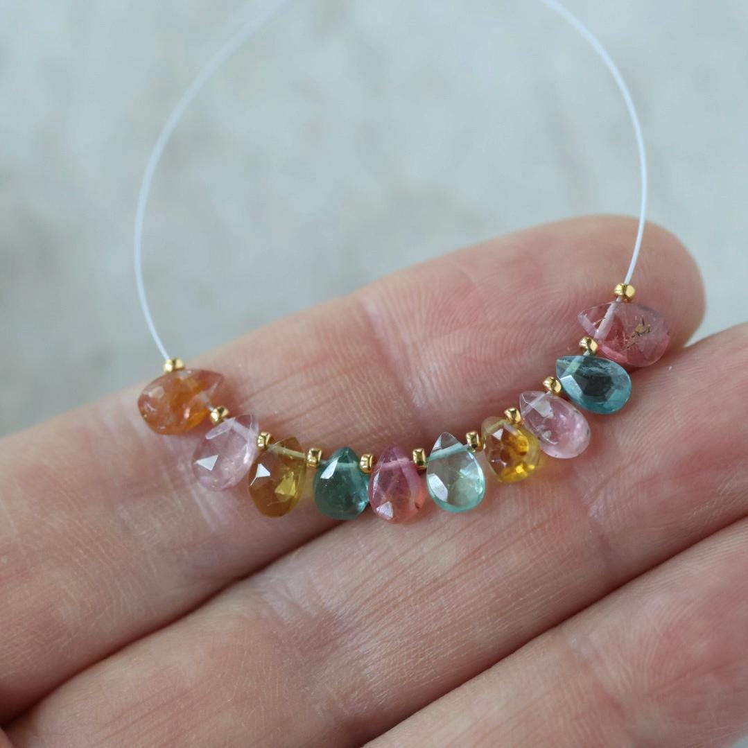 6mm Multi Color Tourmaline Briolette Beads Faceted Teardrops Drops 10 PCs Natural Gemstone for DIY Jewelry Making