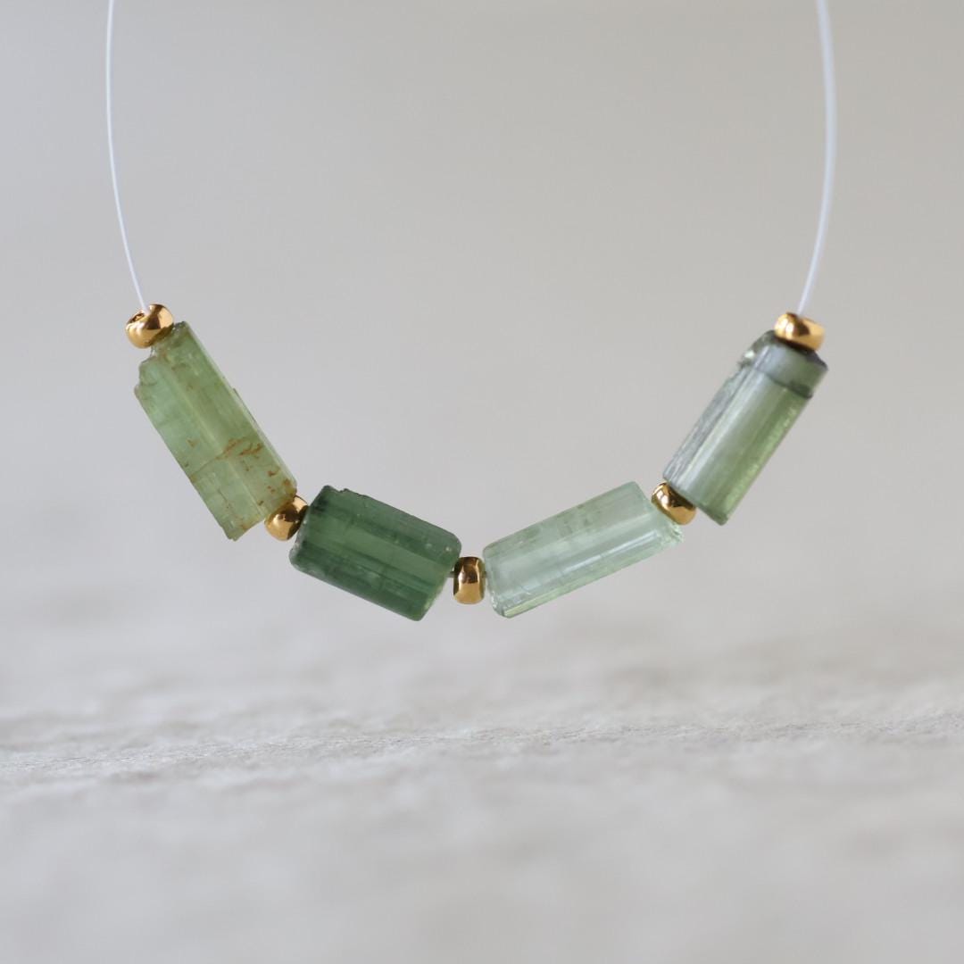 Natural Raw Green Tourmaline Tube Beads Sticks 4 PCs Genuine Gemstone Beads for DIY Jewelry Making