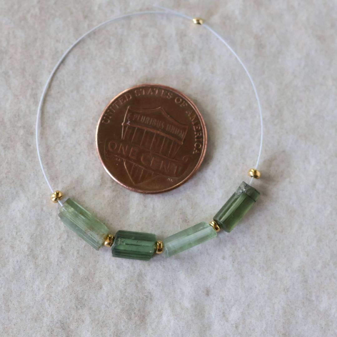 Natural Raw Green Tourmaline Tube Beads Sticks 4 PCs Genuine Gemstone Beads for DIY Jewelry Making