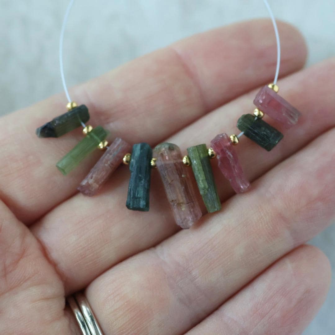 Multi Color Tourmaline Slice Beads Raw Briolette Sticks 8-16mm 9 PCs Genuine Watermelon Tourmaline Gemstone for DIY Jewelry Making