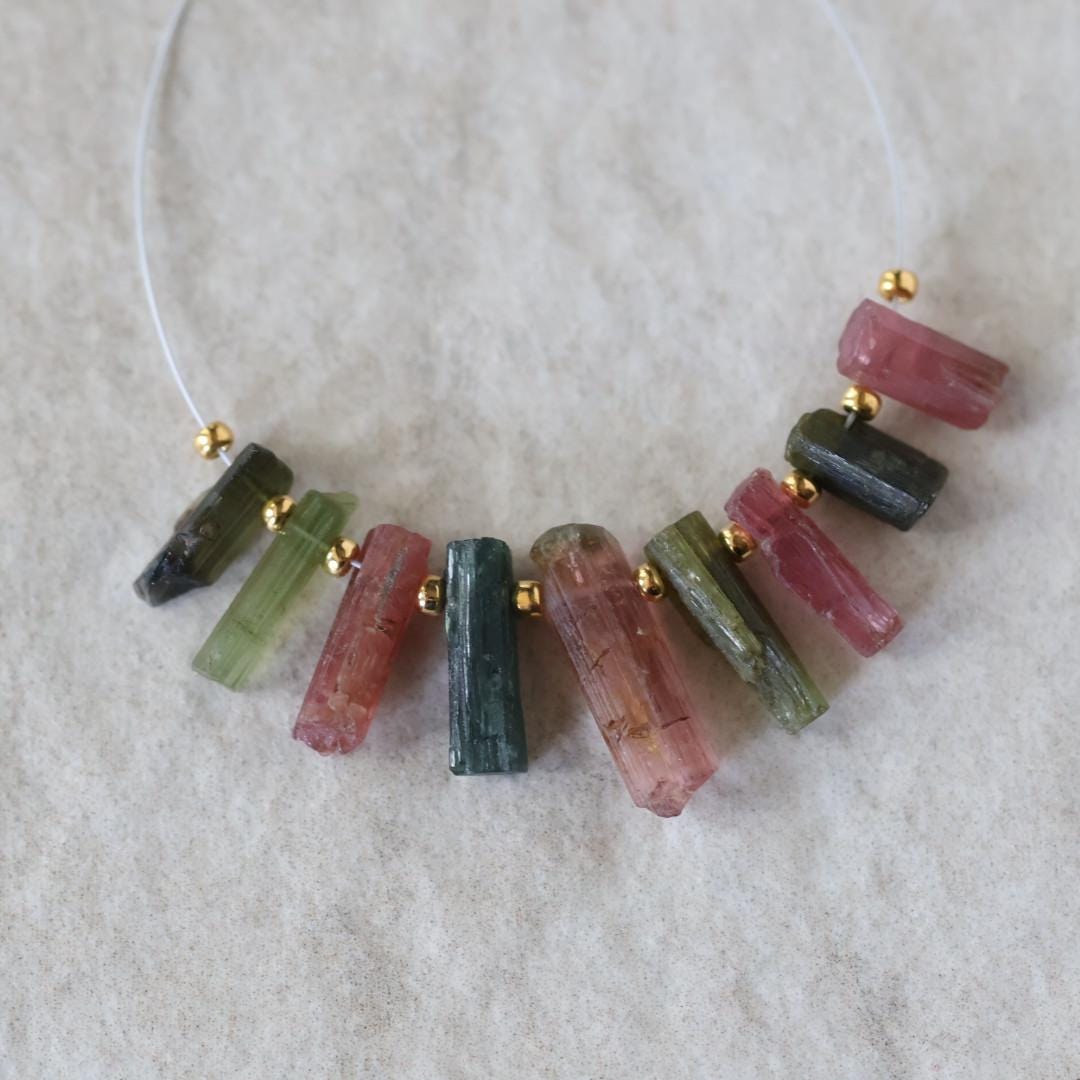 Multi Color Tourmaline Slice Beads Raw Briolette Sticks 8-16mm 9 PCs Genuine Watermelon Tourmaline Gemstone for DIY Jewelry Making