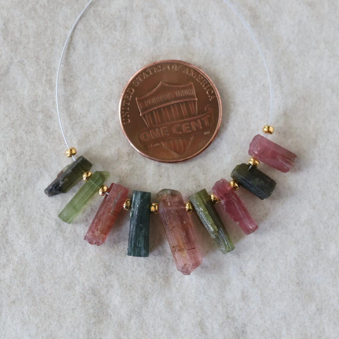 Multi Color Tourmaline Slice Beads Raw Briolette Sticks 8-16mm 9 PCs Genuine Watermelon Tourmaline Gemstone for DIY Jewelry Making