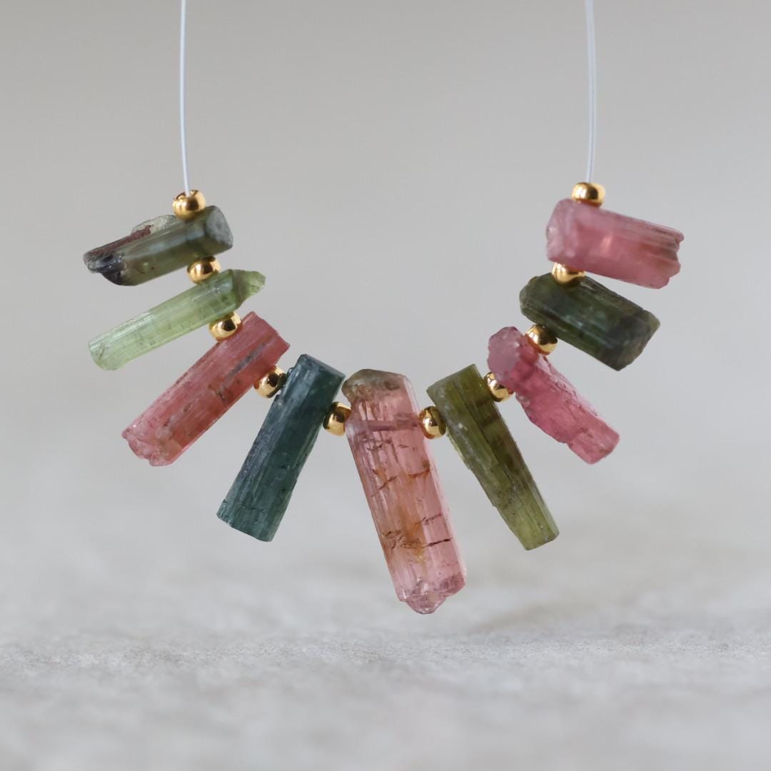 Multi Color Tourmaline Slice Beads Raw Briolette Sticks 8-16mm 9 PCs Genuine Watermelon Tourmaline Gemstone for DIY Jewelry Making
