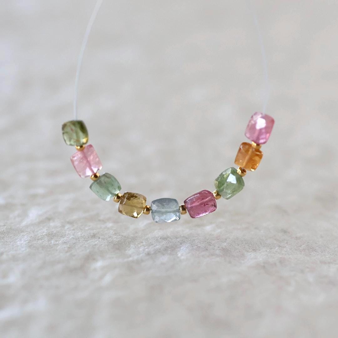 Multi Color Tourmaline Square Beads Faceted 9 PCs Colorful NaturalGemstone for DIY Jewelry Making