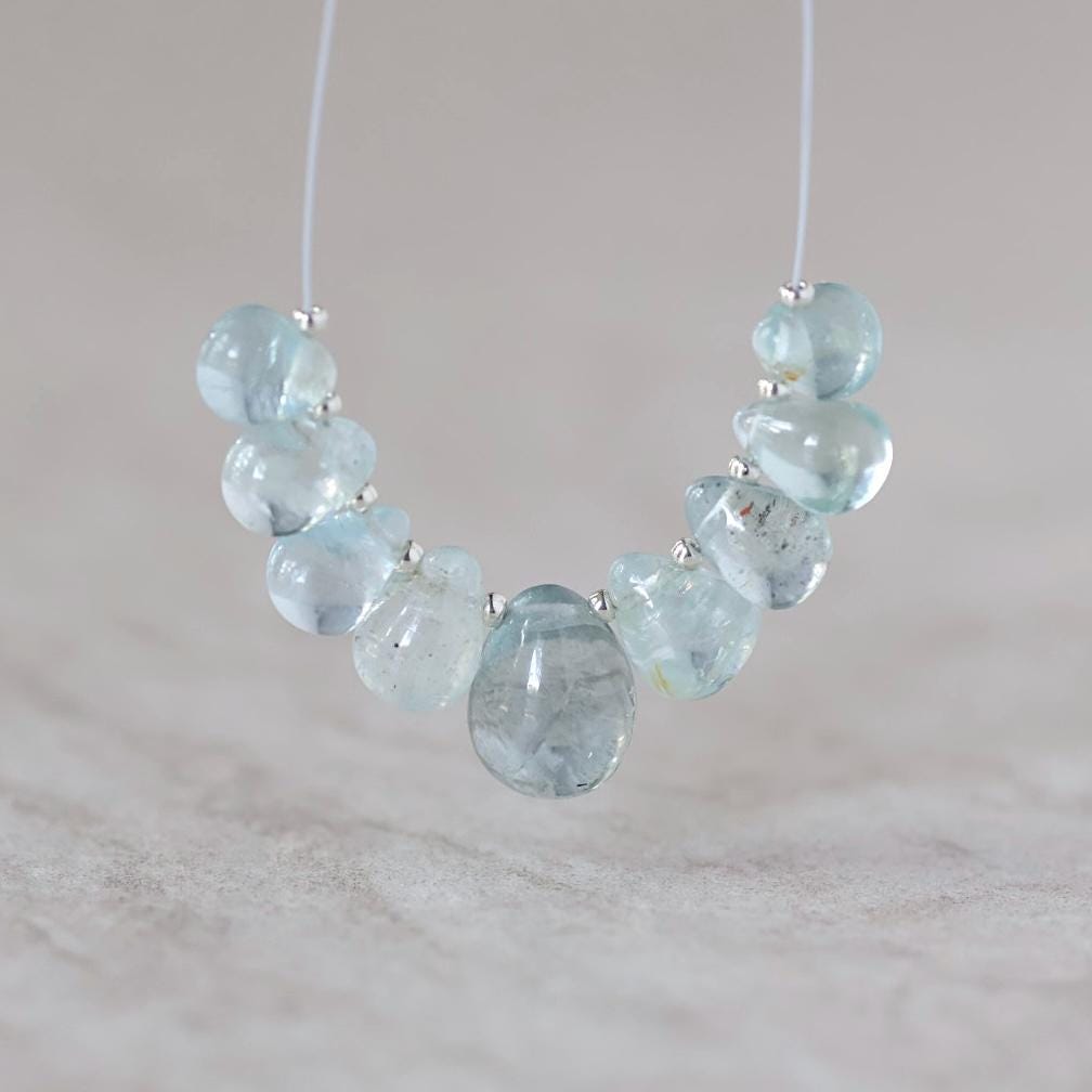 Natural Aquamarine Briolette Beads Smooth Teardrops 7-10mm Gemstone Drops for DIY Jewelry making