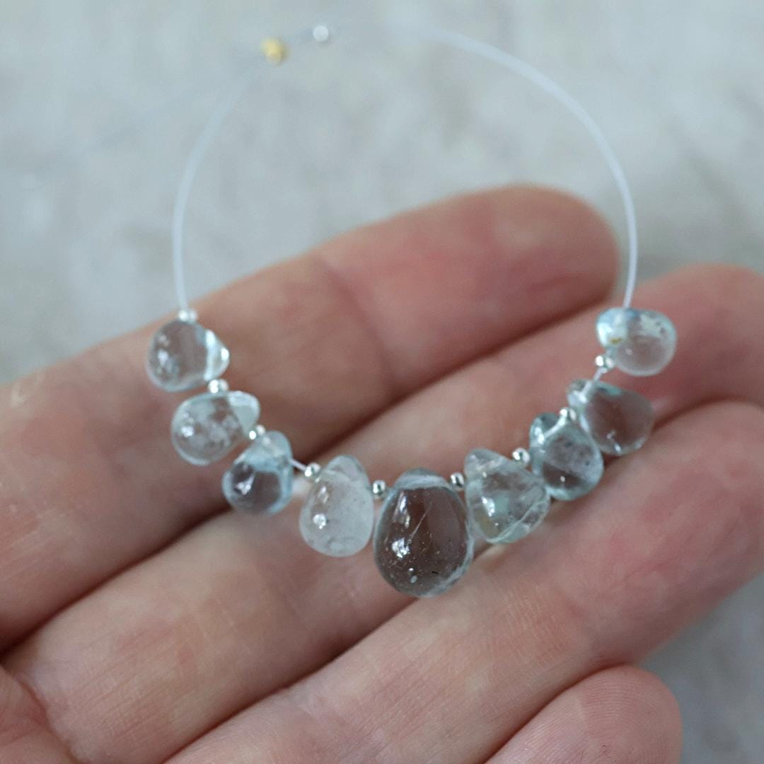 Natural Aquamarine Briolette Beads Smooth Teardrops 7-10mm Gemstone Drops for DIY Jewelry making