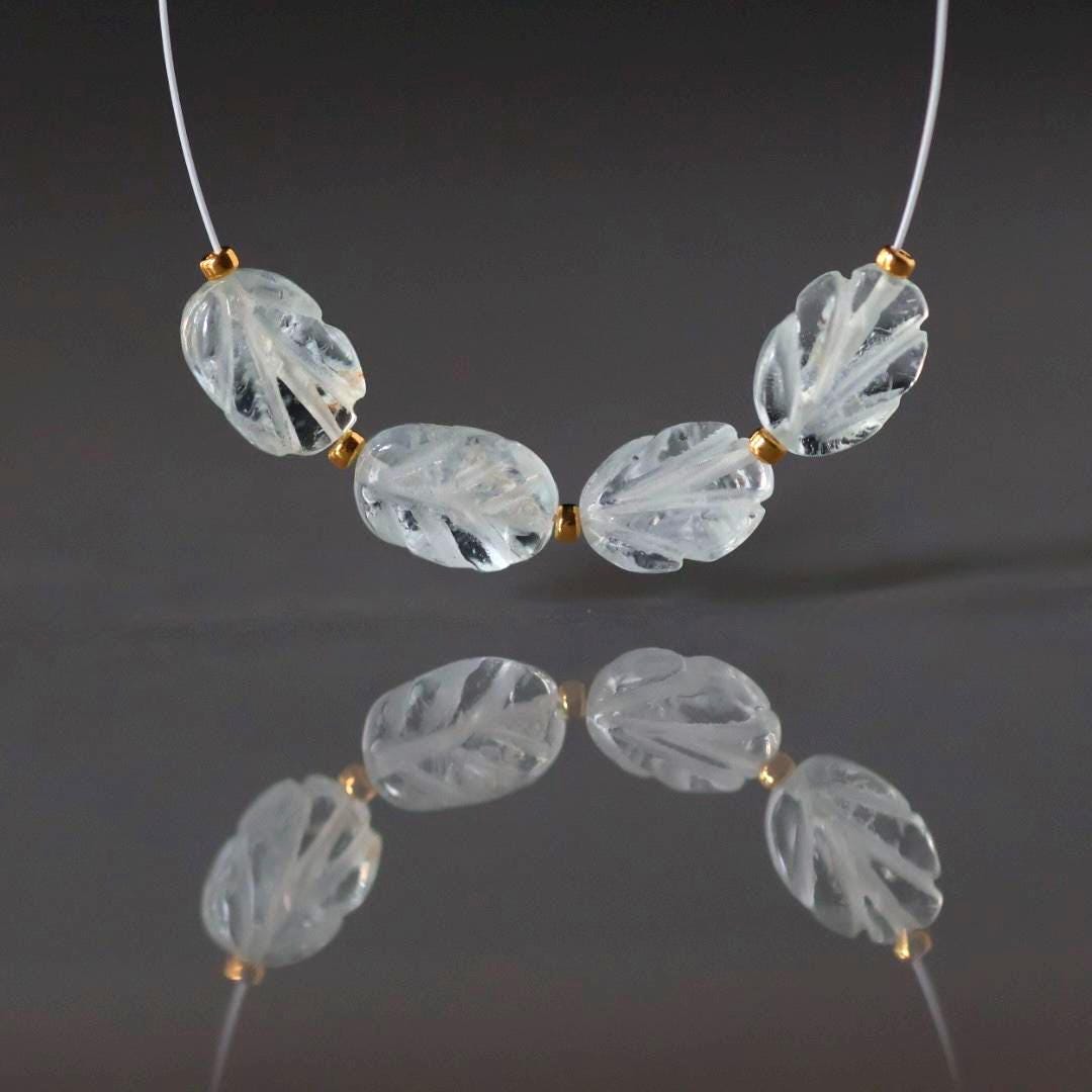 Natural Aquamarine Carved Oval Beads 6x8mm Leaf bead 4Pcs Gemstone Beads March Birthstone DIY Jewelry Making Earrings Supplies