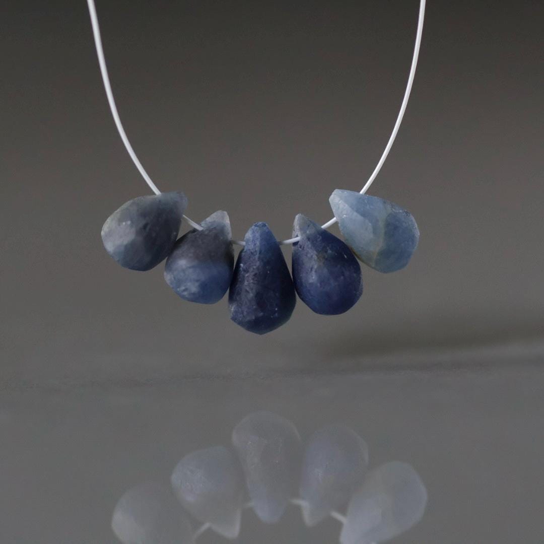 Natural Blue Sapphire Matte Briolette Beads Teardrops Drops 7-8mm 5 PCs Raw Sapphire Genuine Gemstone Beads DIY Jewelry Making
