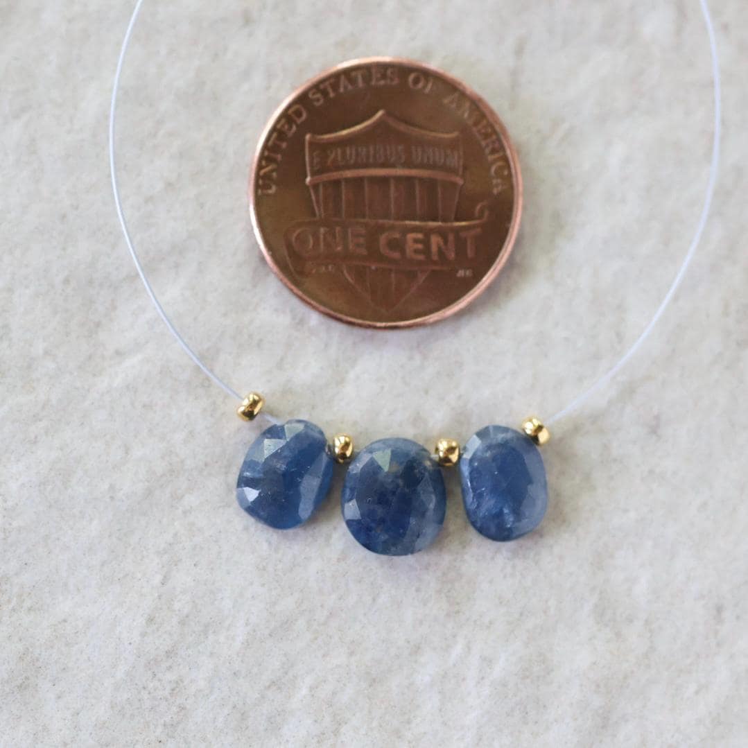 Natural Blue Sapphire Oval Beads Faceted Flat Briolettes 3 PCs 7-8mm Drops Genuine Gemstone DIY Jewelry Making