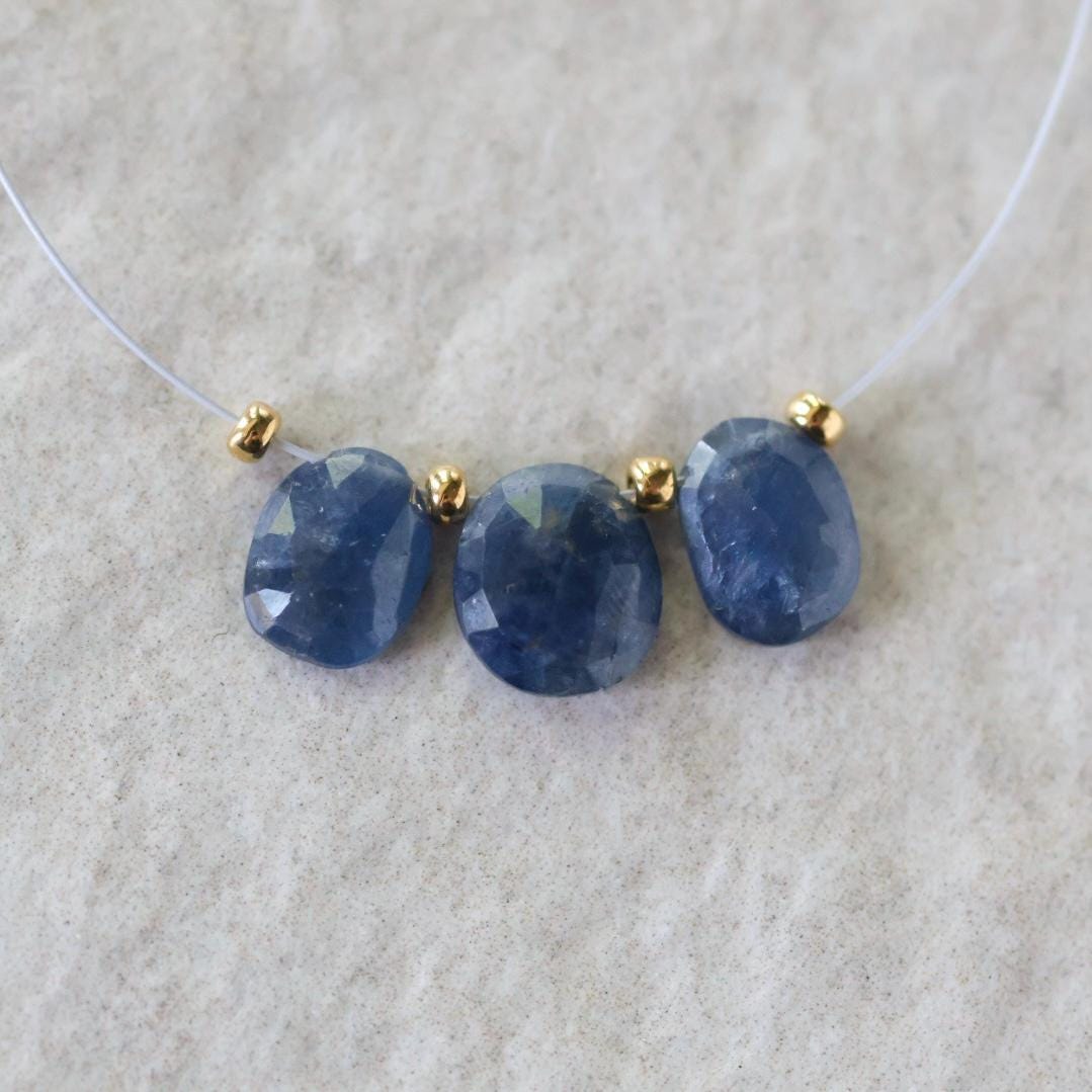 Natural Blue Sapphire Oval Beads Faceted Flat Briolettes 3 PCs 7-8mm Drops Genuine Gemstone DIY Jewelry Making