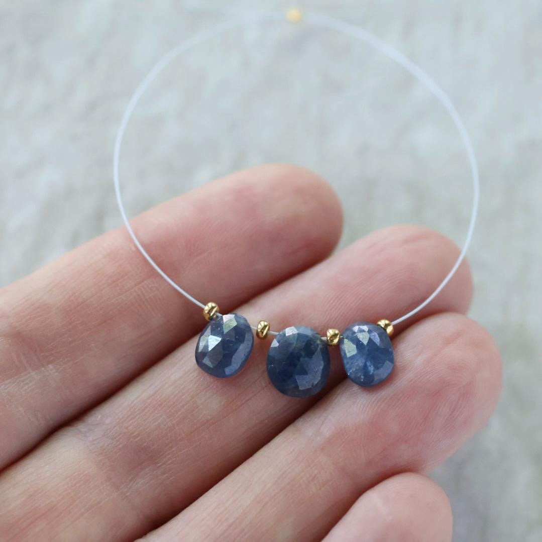 Natural Blue Sapphire Oval Beads Faceted Flat Briolettes 3 PCs 7-8mm Drops Genuine Gemstone DIY Jewelry Making
