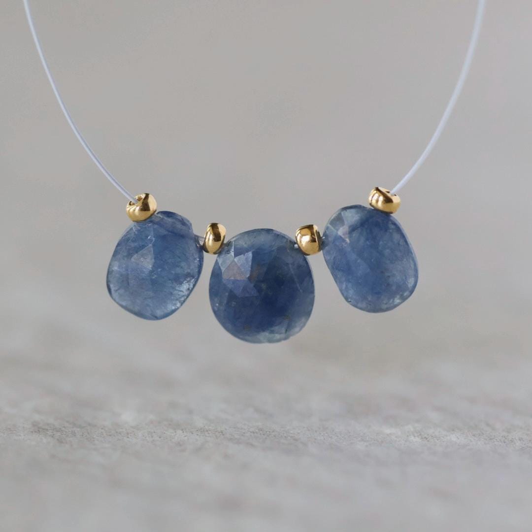 Natural Blue Sapphire Oval Beads Faceted Flat Briolettes 3 PCs 7-8mm Drops Genuine Gemstone DIY Jewelry Making