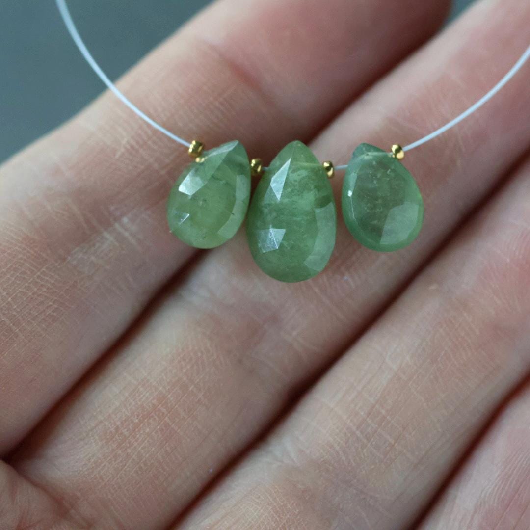 Natural Green Sapphire Beads Briolettes Pear Shape 3 PCs 9mm Faceted Drops Sapphire Genuine Gemstone DIY Jewelry Earrings Pendant