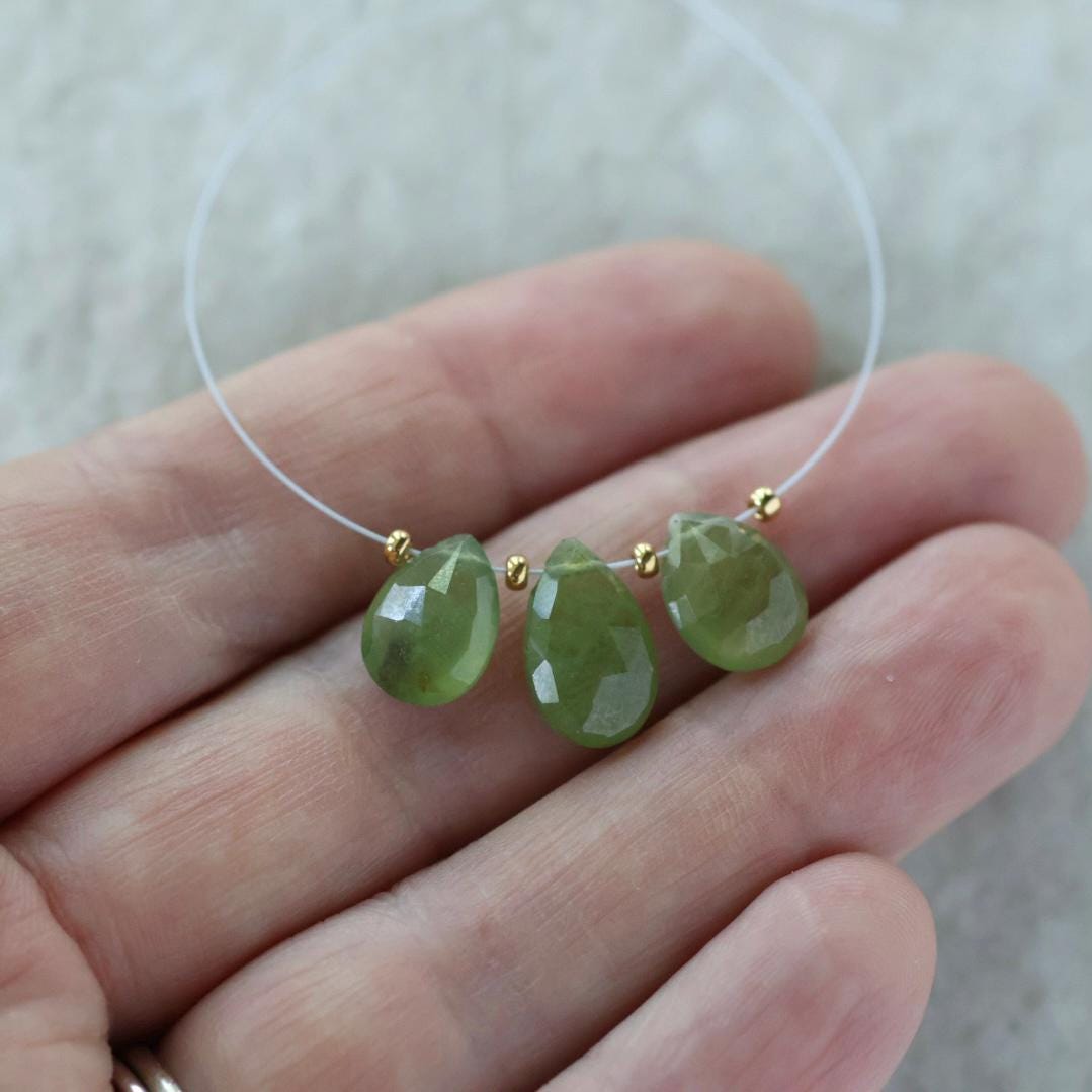 Natural Green Sapphire Briolette Beads-Pear Shape Teardrops 3 PCs