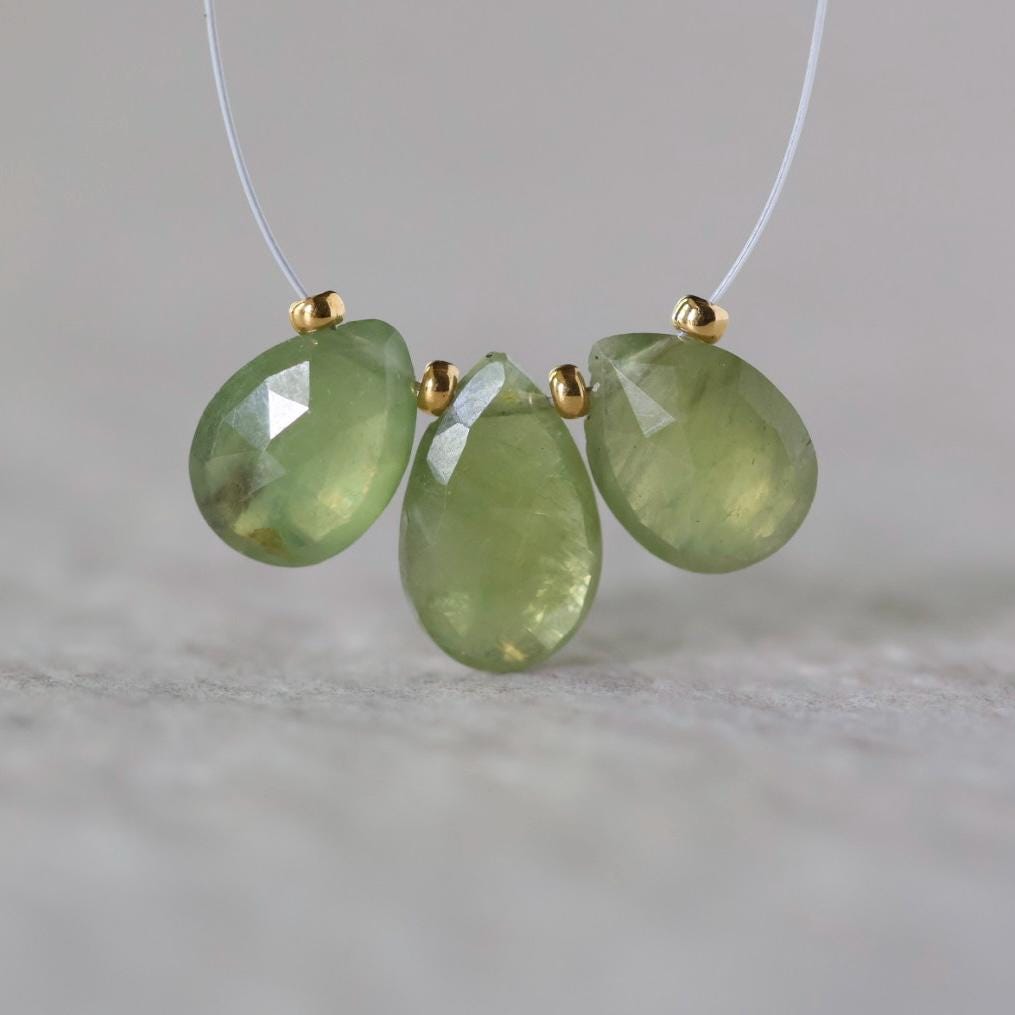 Natural Green Sapphire Briolette Beads-Pear Shape Teardrops 3 PCs