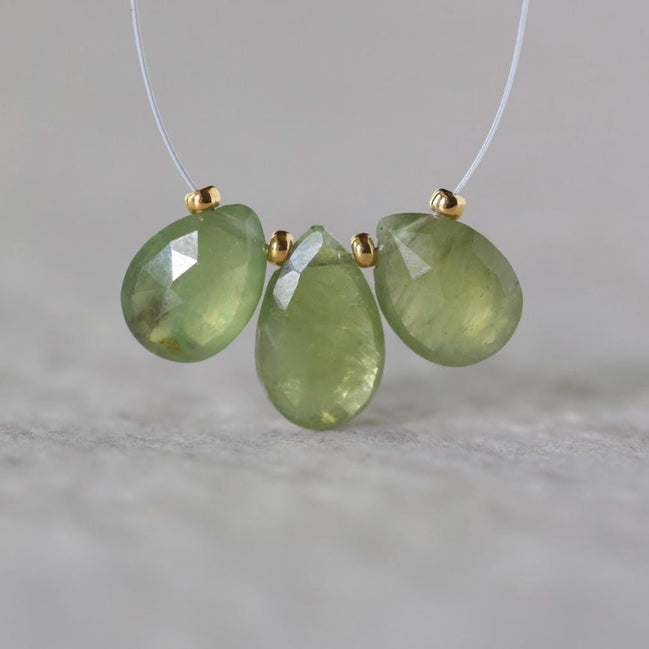 Natural Green Sapphire Briolette Beads-Pear Shape Teardrops 3 PCs