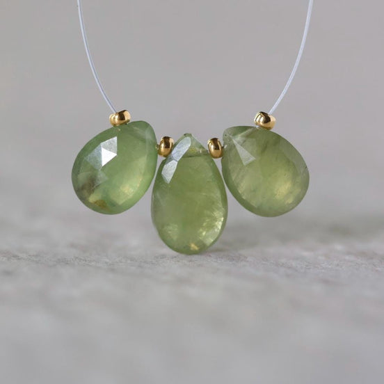 Natural Green Sapphire Briolette Beads-Pear Shape Teardrops 3 PCs