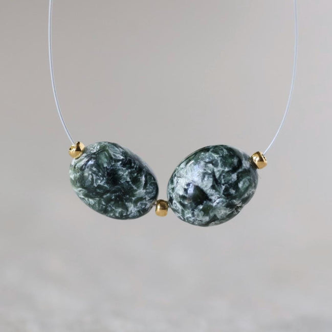Natural Russian Seraphinite Oval Beads Smooth 2 Pcs Genuine Gemstone for DIY Jewelry Making