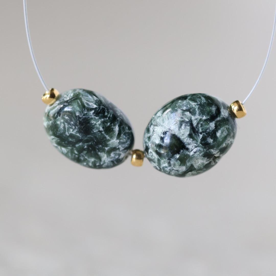 Natural Russian Seraphinite Oval Beads Smooth 2 Pcs Genuine Gemstone for DIY Jewelry Making
