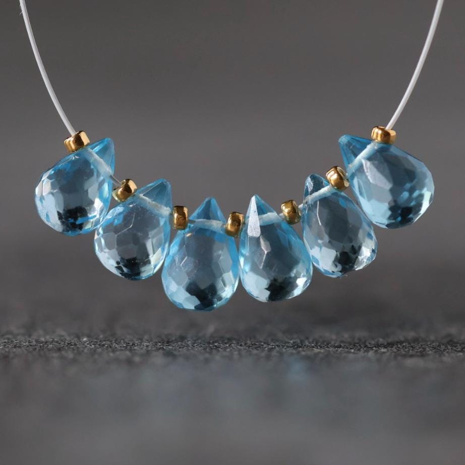 Natural Swiss Blue Topaz Faceted Briolette Beads Tear Drops 7mm x 5mm 6 Pcs Gemstone for DIY Jewelry Making