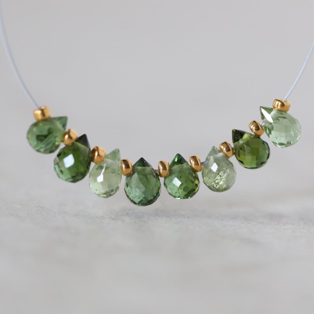 Tiny 4mm AAA Green Tourmaline Briolette Beads Faceted Drops 8 PCs Natural Gemstone for DIY Jewelry Making