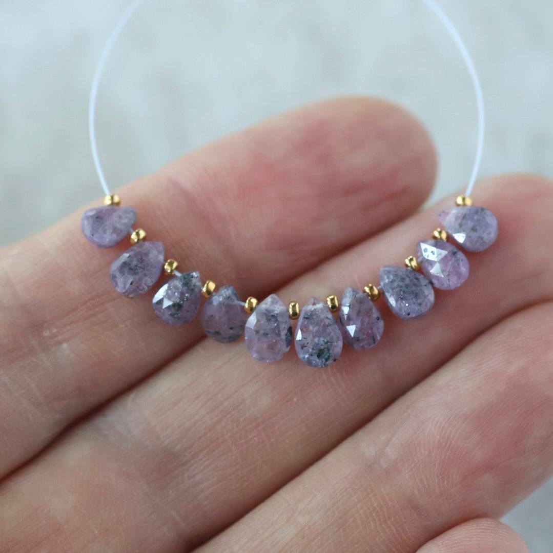 Tiny Natural Purple Sapphire Beads Faceted Briolettes Teardrops Drops 10 Pcs 5-6mm Gemstone for DIY Jewelry Making