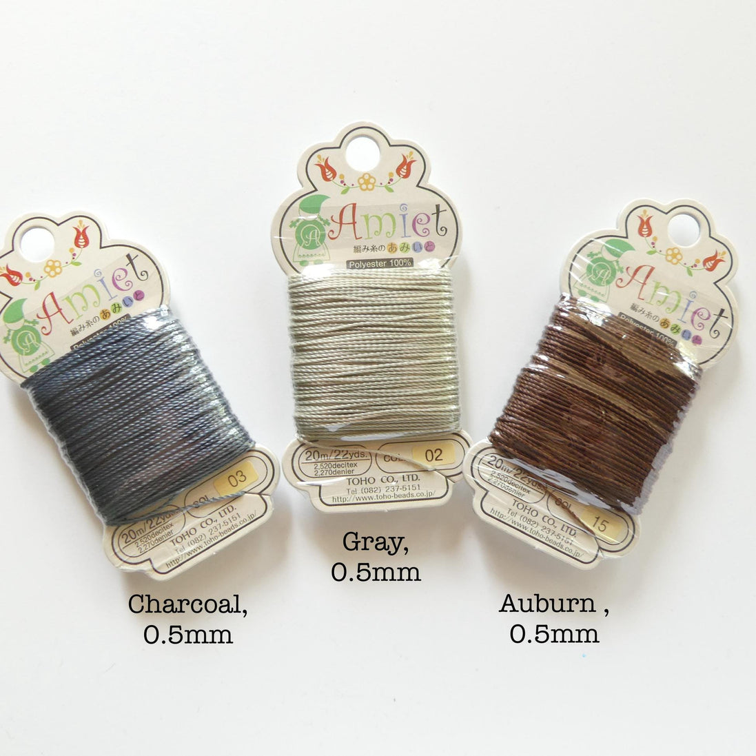Toho Amiet Polyester Thread Beading Knotting DIY Jewelry, 0.5mm 20 meters Teal Green Brown Gray Lilac Pink Wax Free, Unwaxed